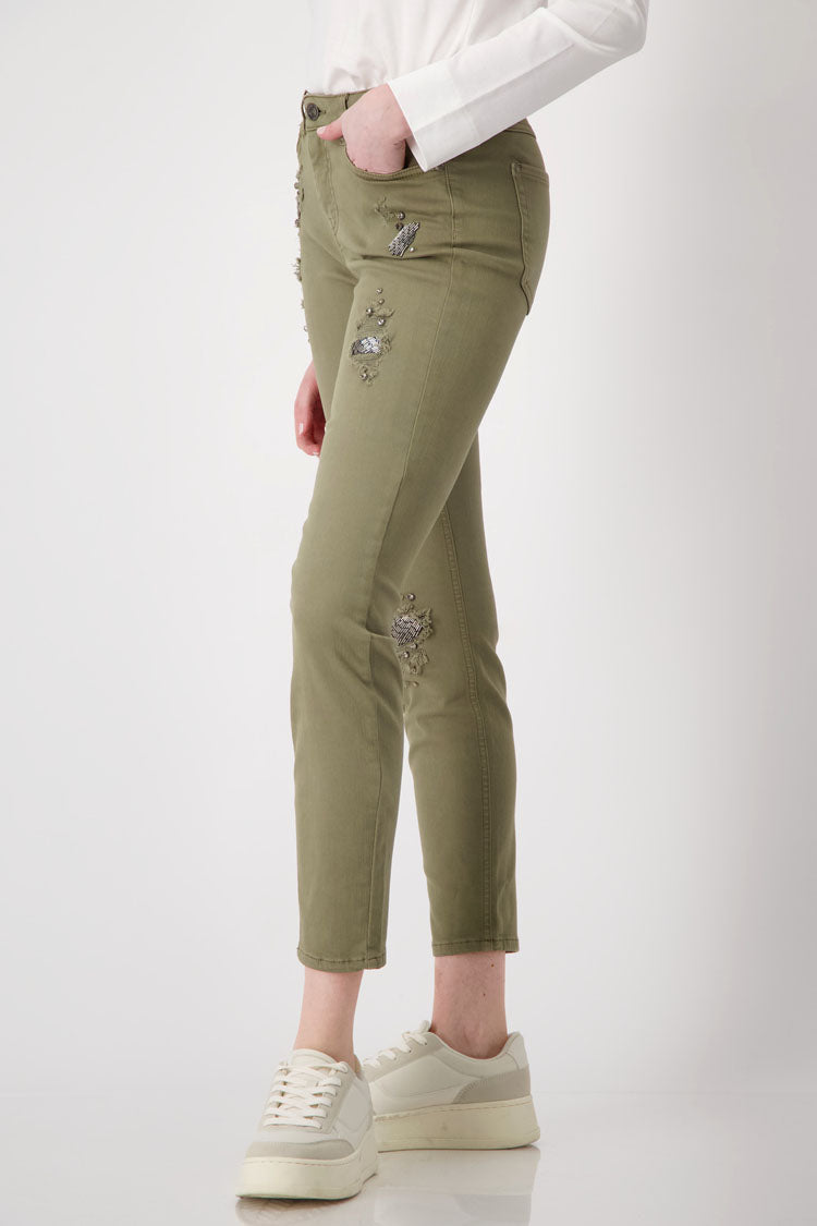 Distressed Denim Jeans with Studs in Green Tea | FINAL SALE