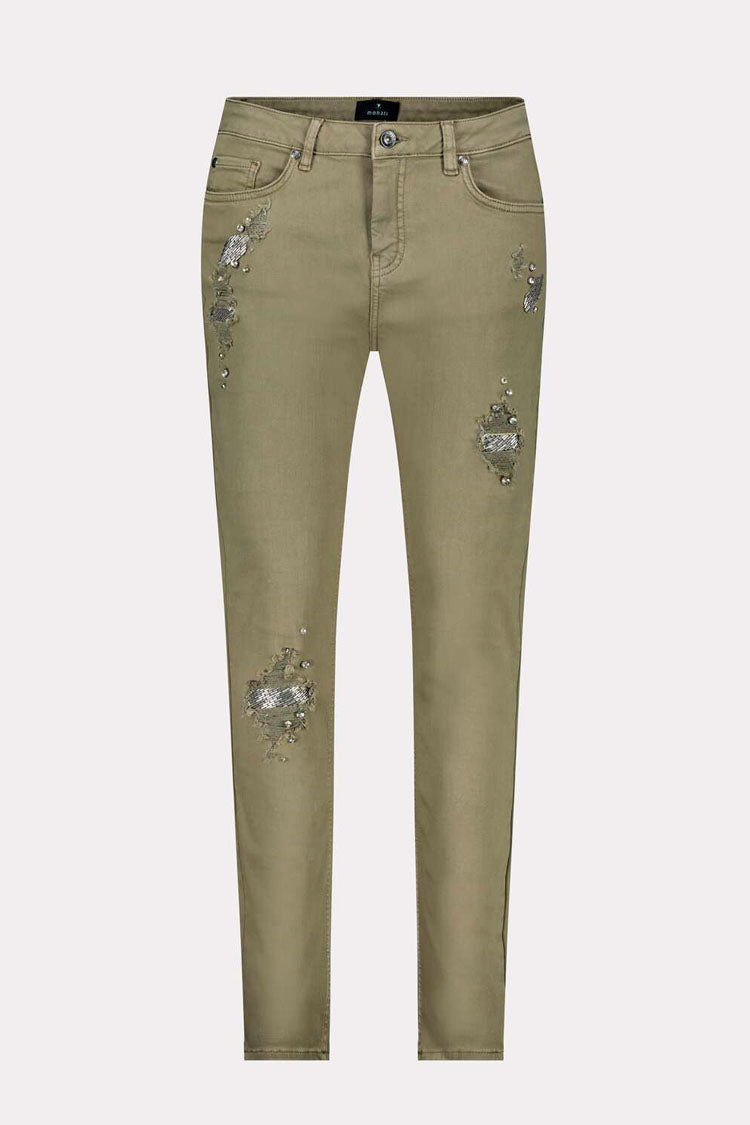 Distressed Denim Jeans with Studs in Green Tea | FINAL SALE