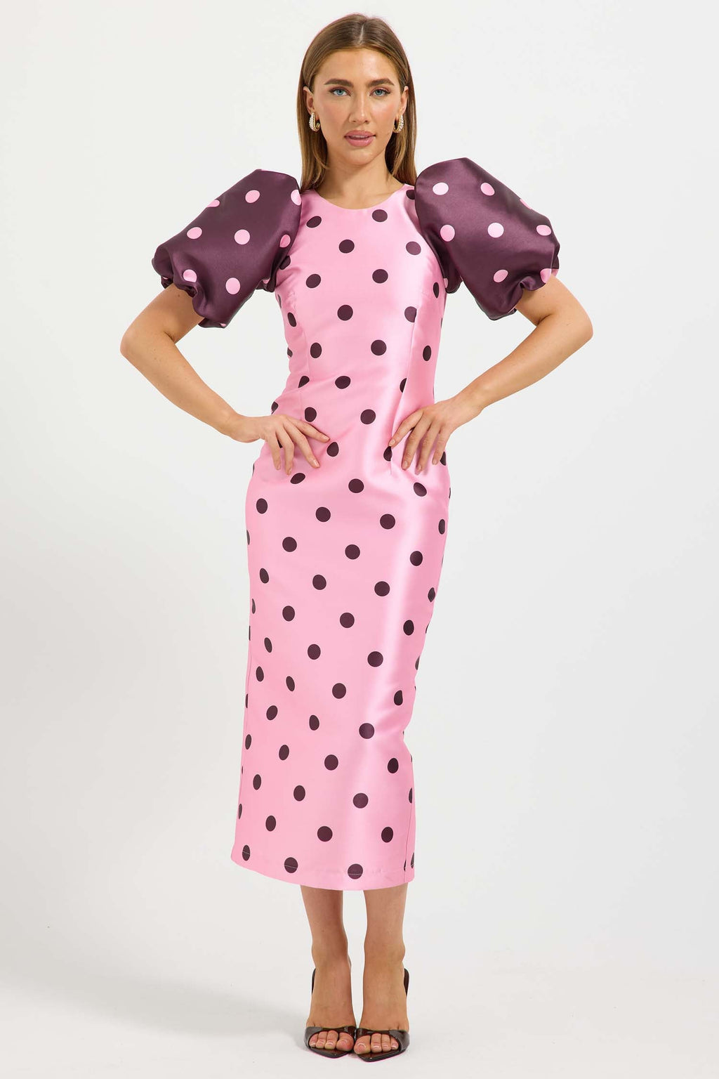 Dottie Contrast Sleeve Midi Dress in Pink/Cherry