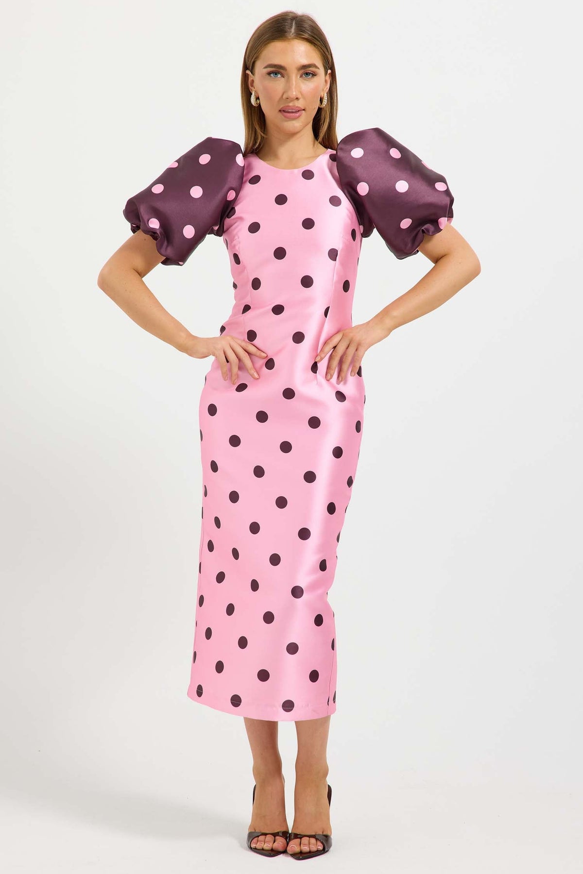 Dottie Contrast Sleeve Midi Dress in Pink/Cherry