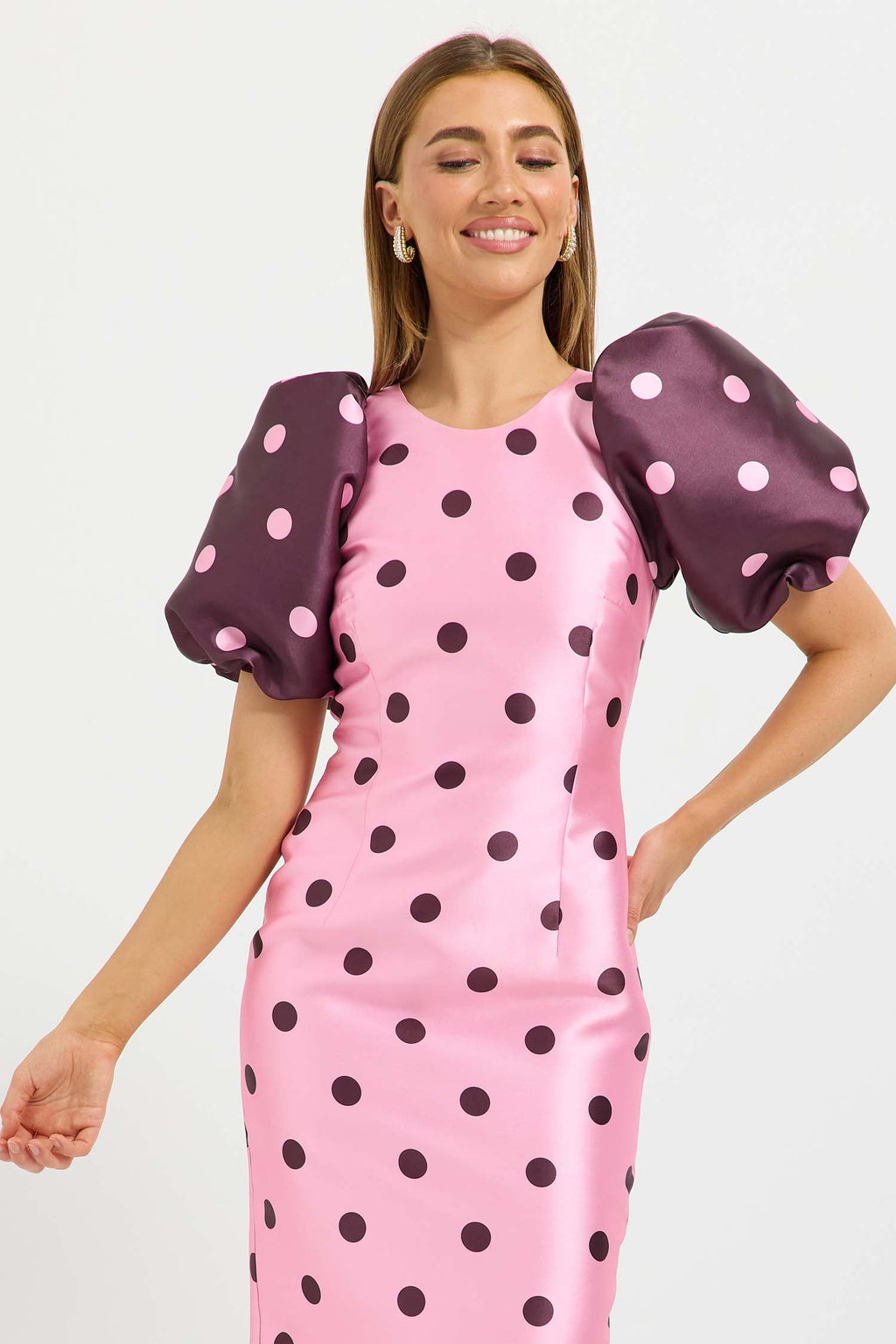 Dottie Contrast Sleeve Midi Dress in Pink/Cherry