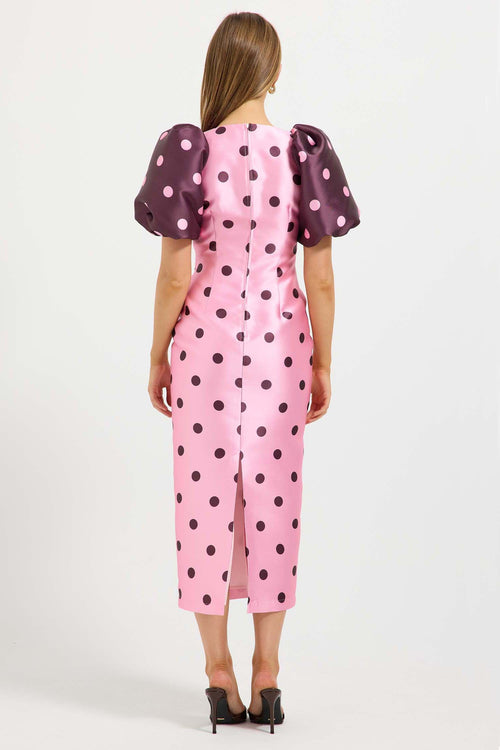 Dottie Contrast Sleeve Midi Dress in Pink/Cherry