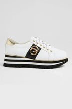 Edgey Leather Platformed Sneakers in White Black