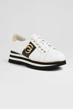 Edgey Leather Platformed Sneakers in White Black