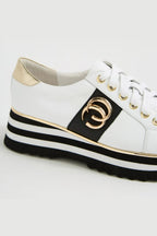 Edgey Leather Platformed Sneakers in White Black