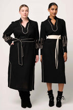 Edith Embroidered Column Midi Dress in Black