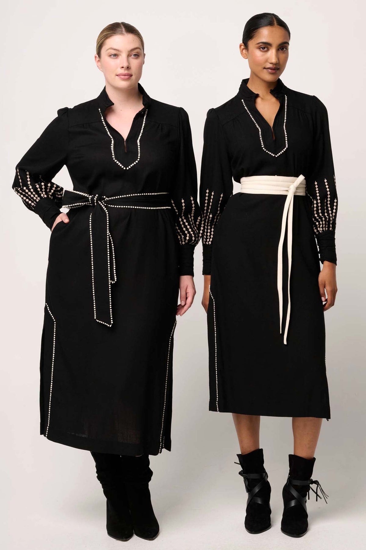 Edith Embroidered Column Midi Dress in Black
