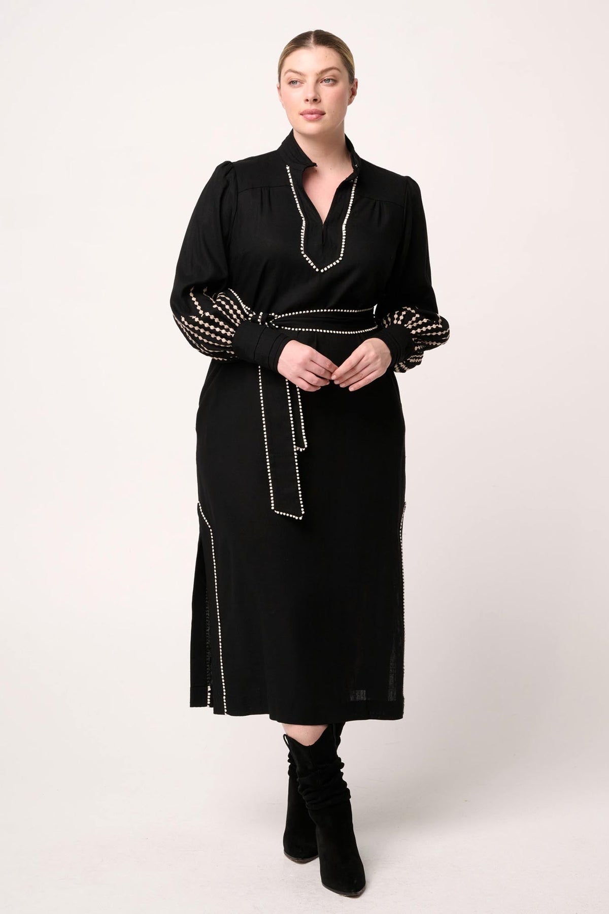 Edith Embroidered Column Midi Dress in Black