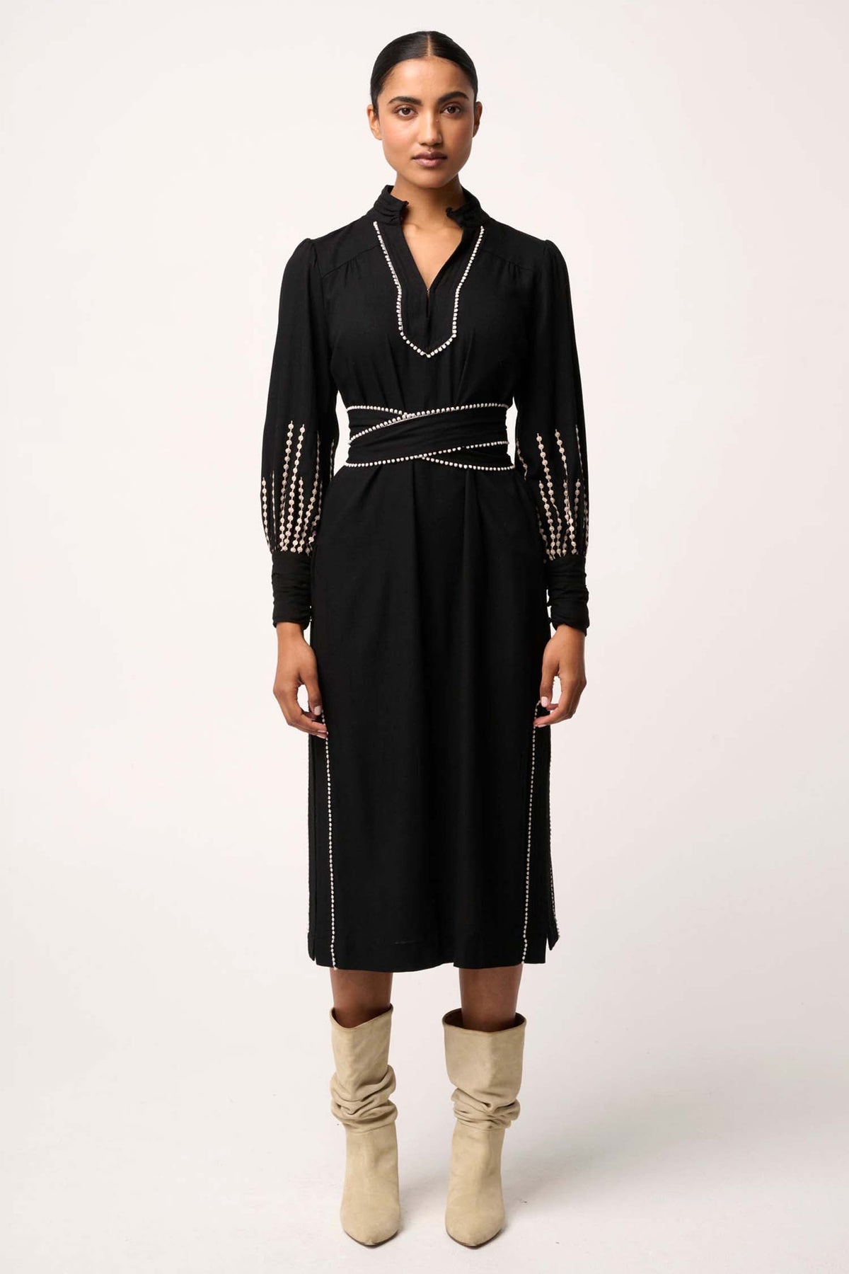 Edith Embroidered Column Midi Dress in Black