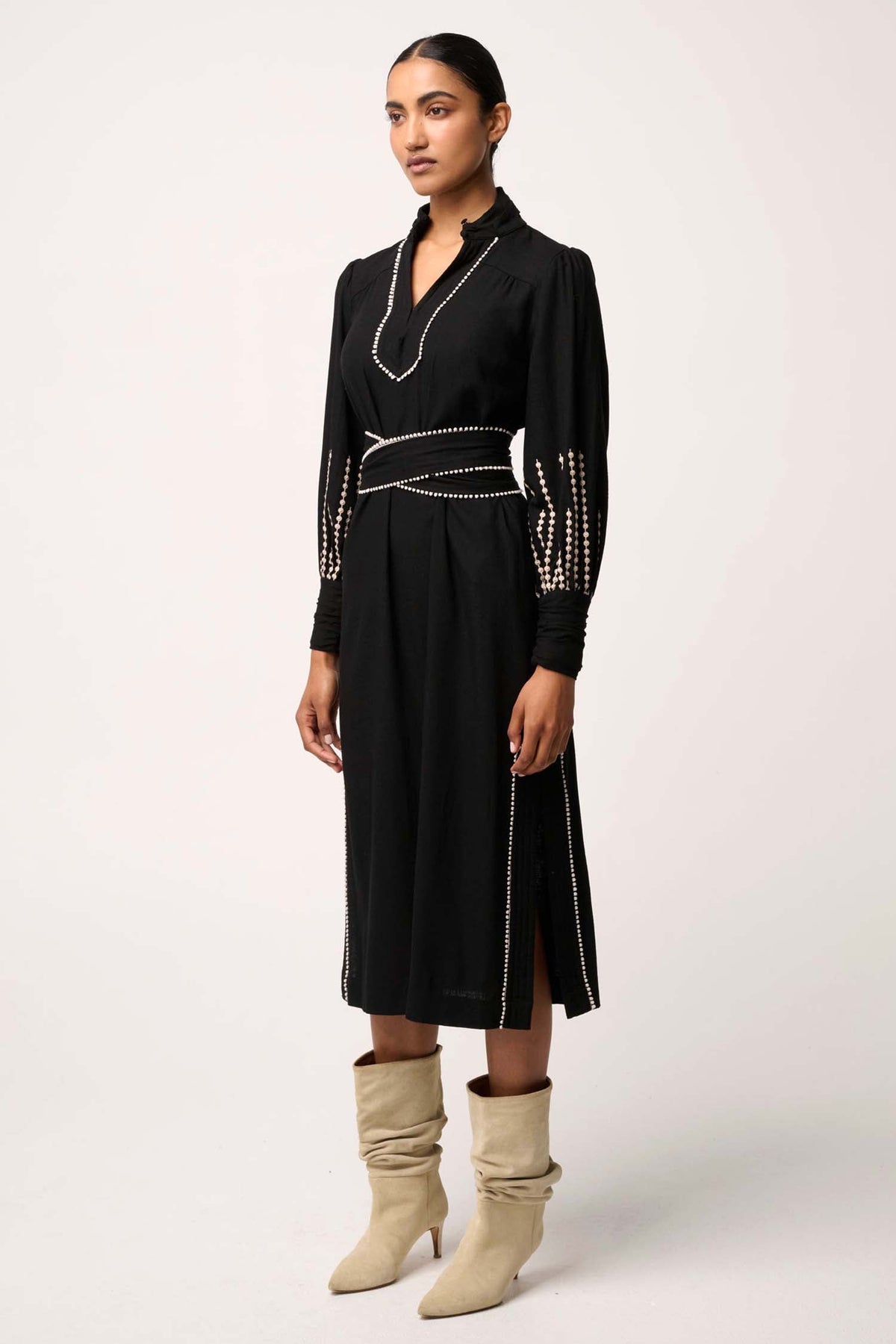 Edith Embroidered Column Midi Dress in Black