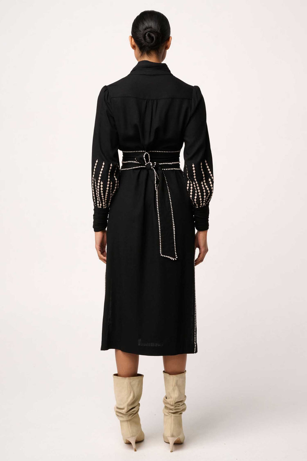 Edith Embroidered Column Midi Dress in Black