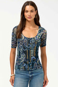 Elbow Sleeve Scoop Neck Mesh Tee in Montecito