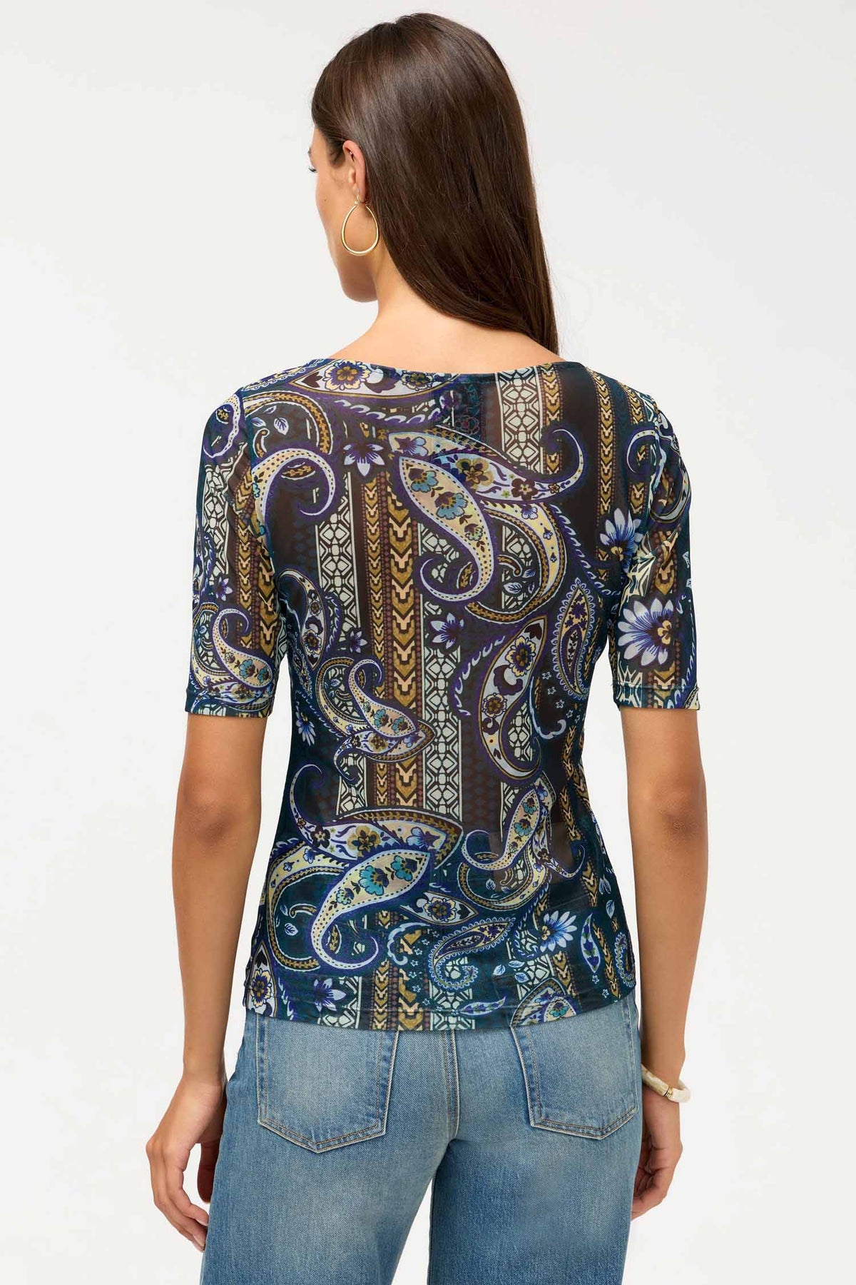 Elbow Sleeve Scoop Neck Mesh Tee in Montecito