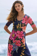 Elbow Sleeve V-Neck Mesh Midi Dress in Celiora Navy