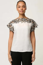 Eleanor Embroidery Detail Wide Neck Top in Ivory