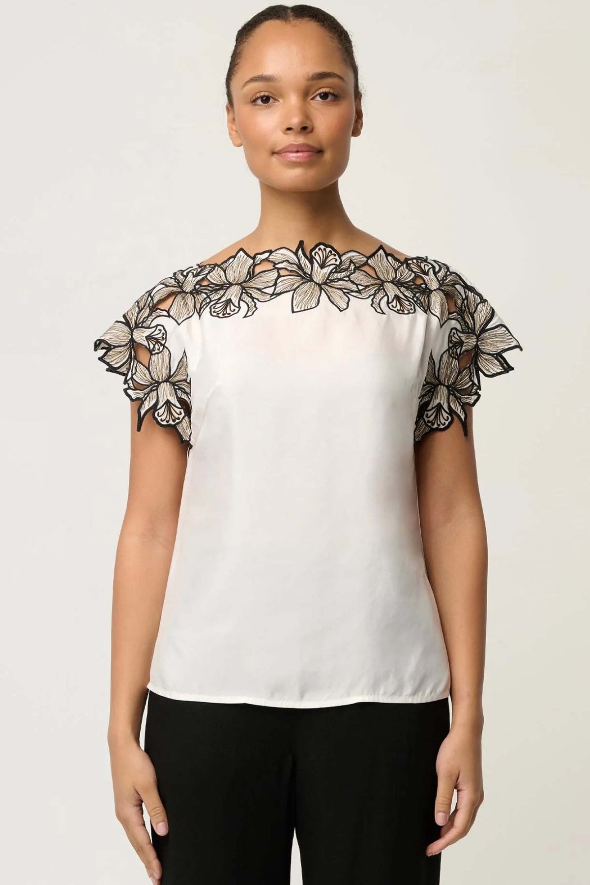 Eleanor Embroidery Detail Wide Neck Top in Ivory