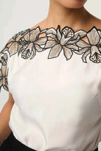 Eleanor Embroidery Detail Wide Neck Top in Ivory