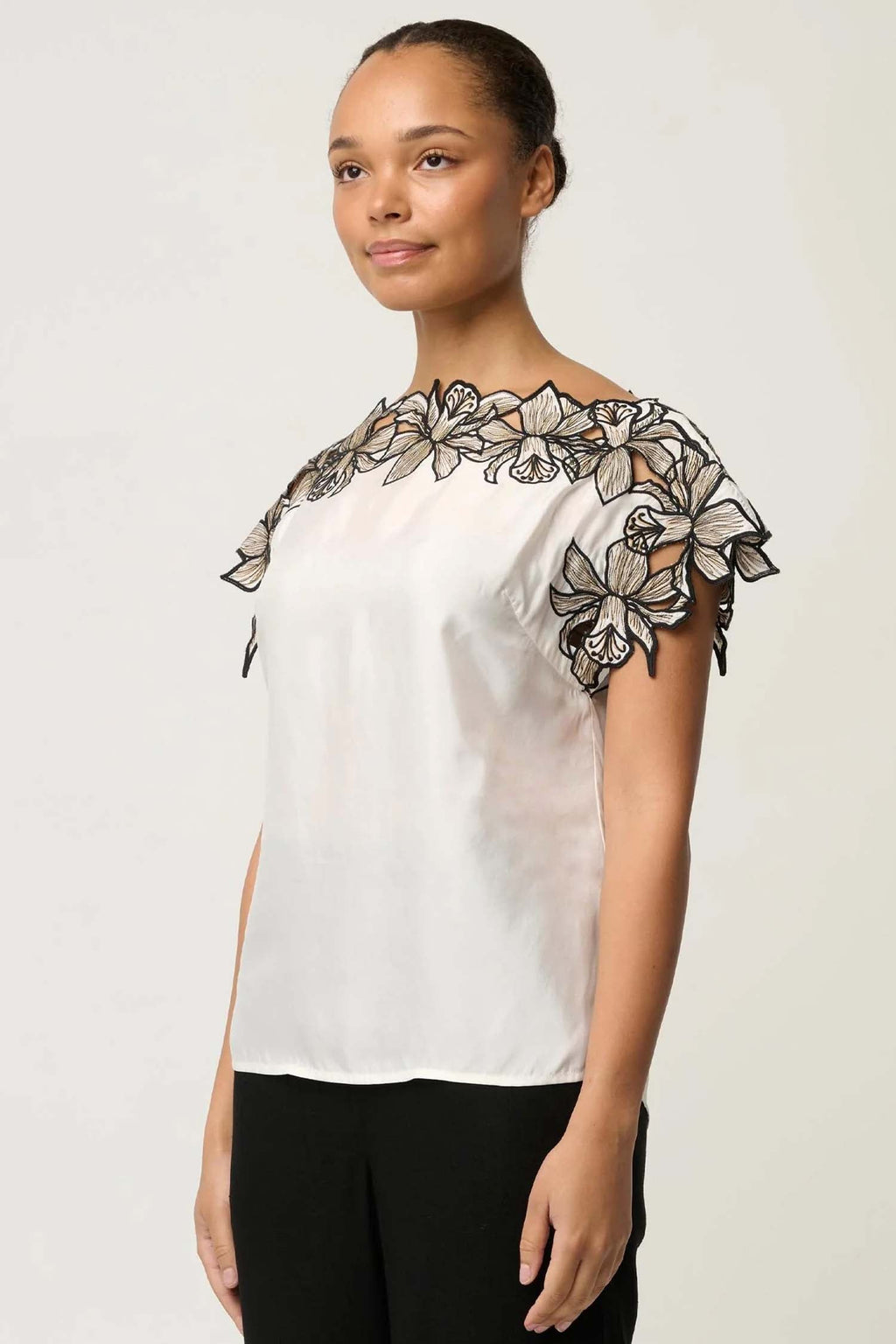 Eleanor Embroidery Detail Wide Neck Top in Ivory