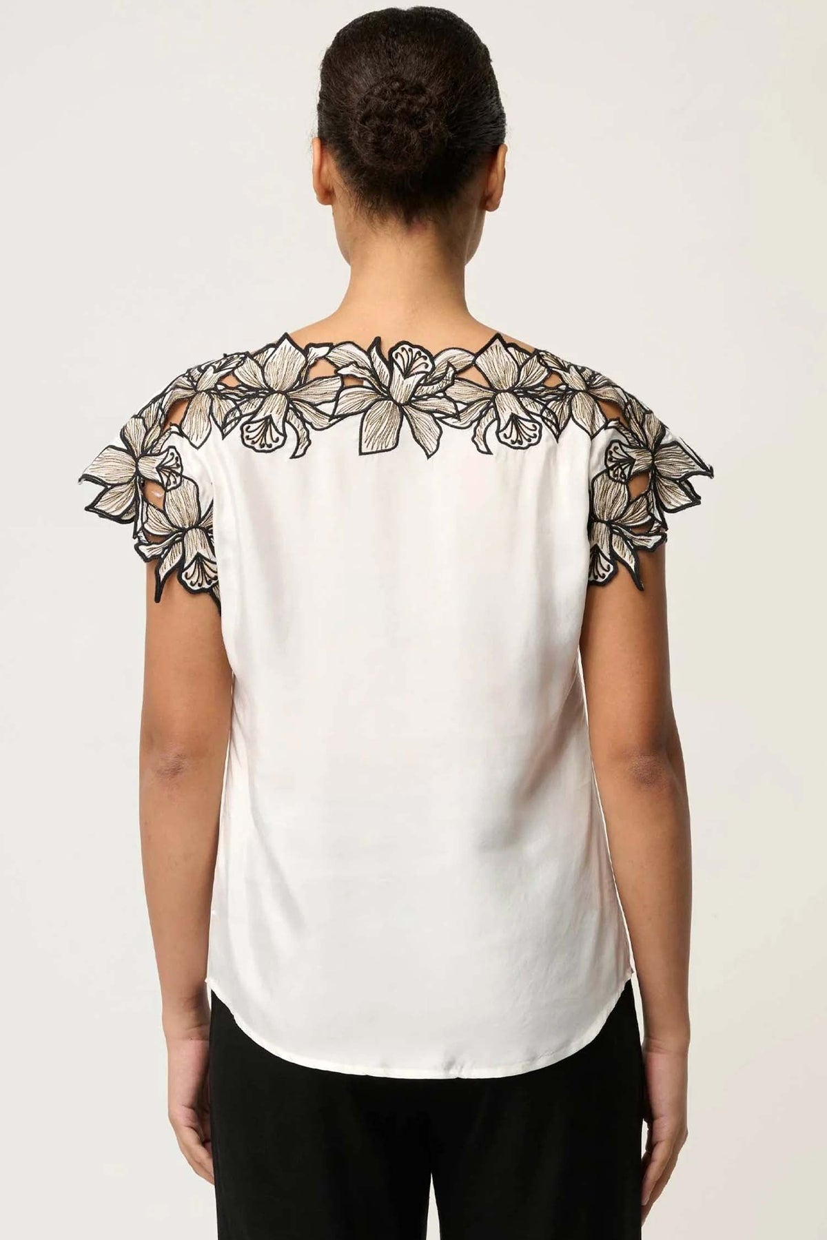 Eleanor Embroidery Detail Wide Neck Top in Ivory