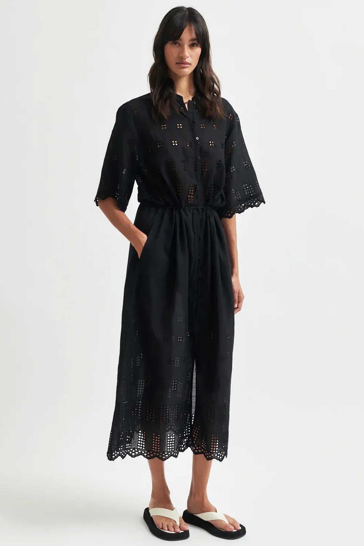 Elenore Broderie Midi Dress in Black