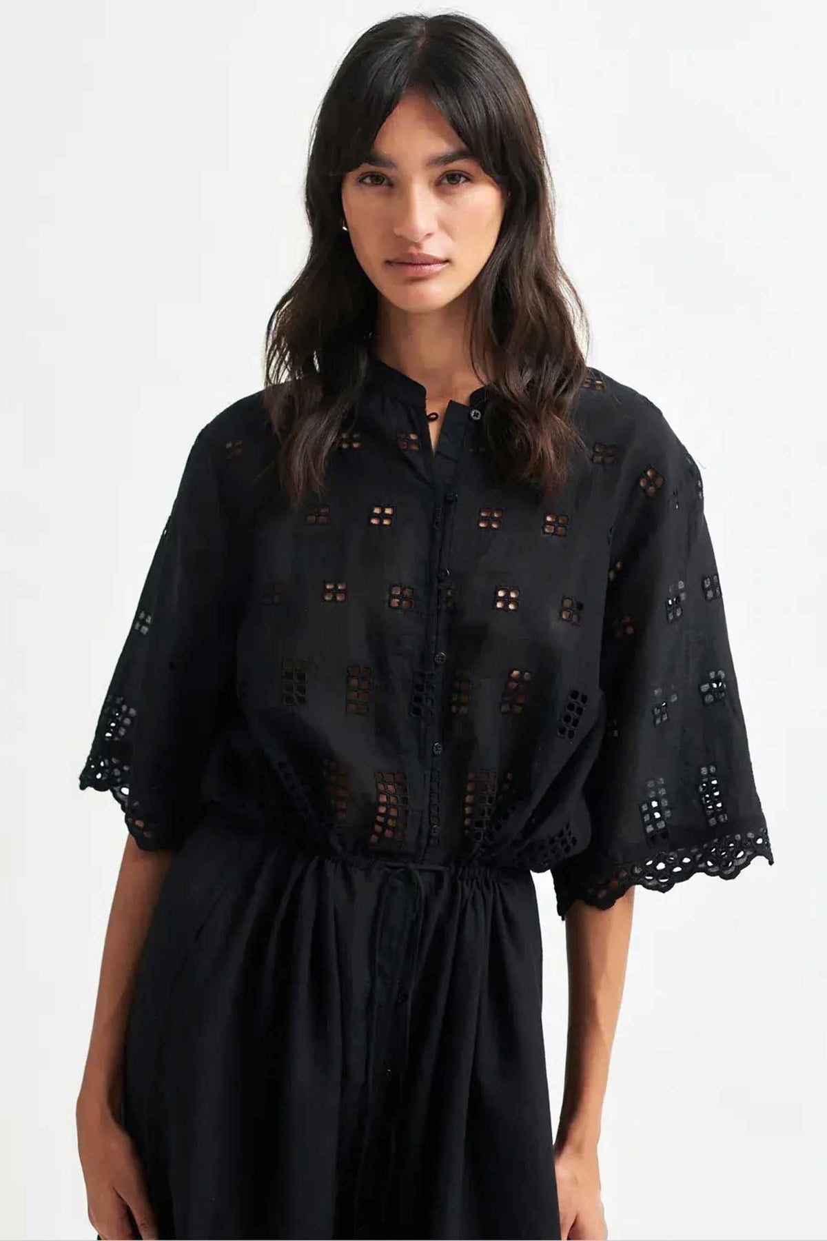 Elenore Broderie Midi Dress in Black