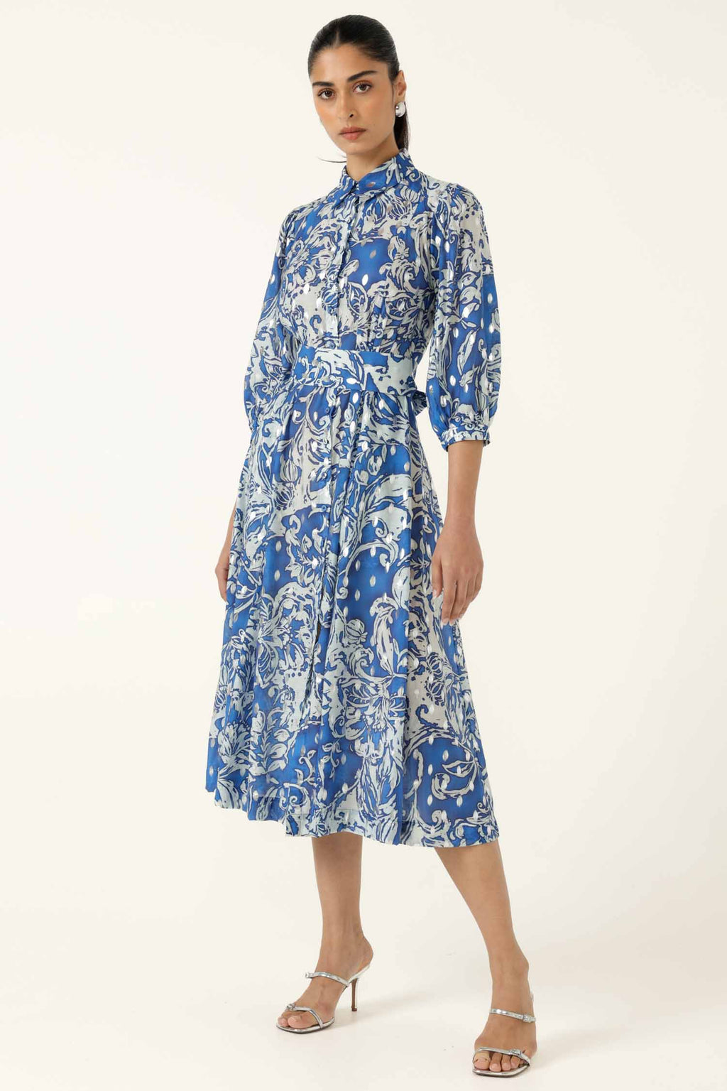 Elmridge Dress in Blue White Silver