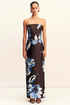 Elsa Panelled Strapless Maxi Dress in Espresso/ Blue