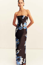 Elsa Panelled Strapless Maxi Dress in Espresso/ Blue