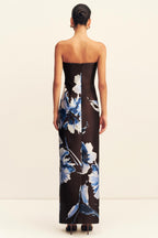 Elsa Panelled Strapless Maxi Dress in Espresso/ Blue