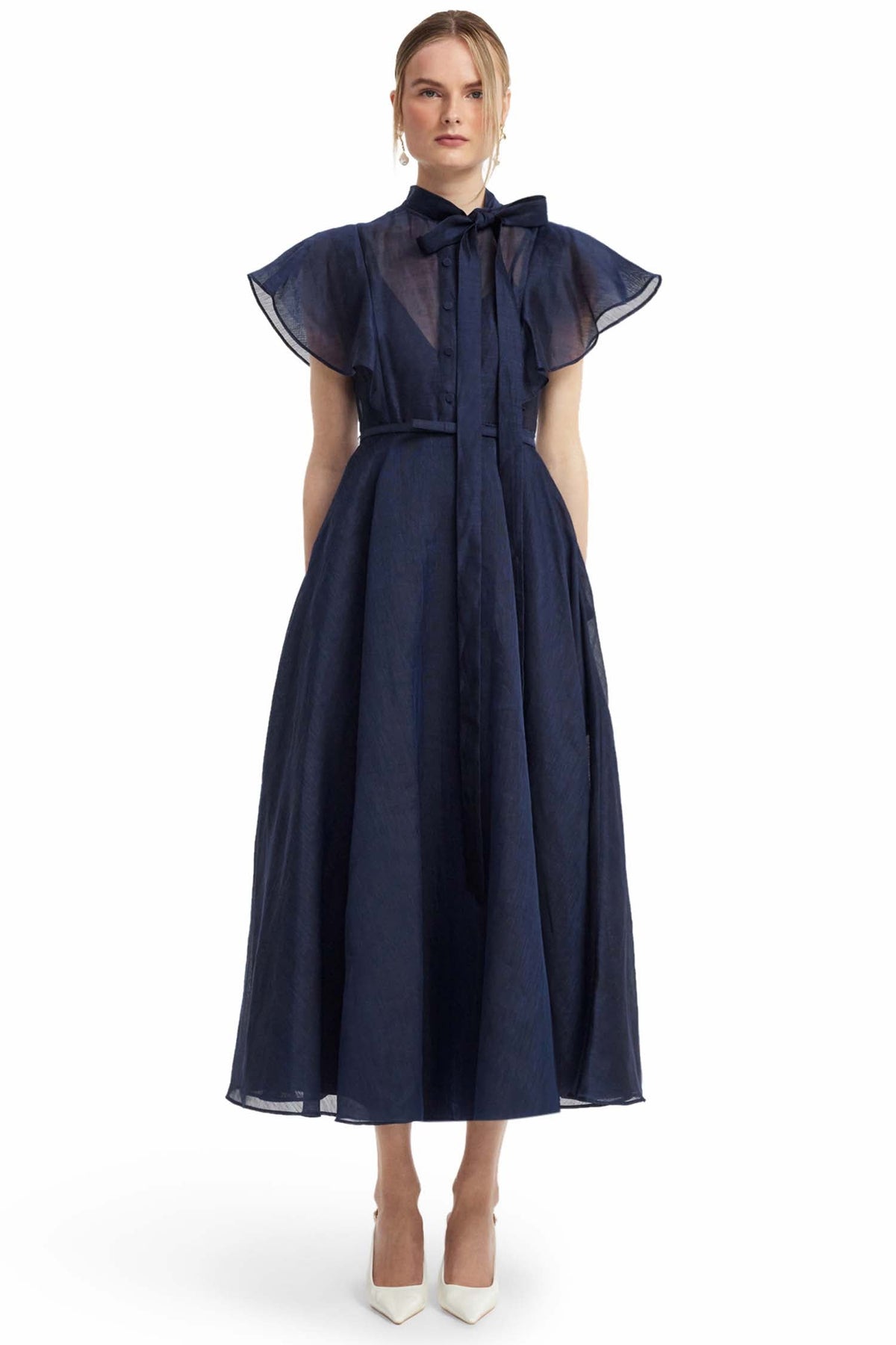 Elise Flutter Sleeve Midi Dress in Midnight