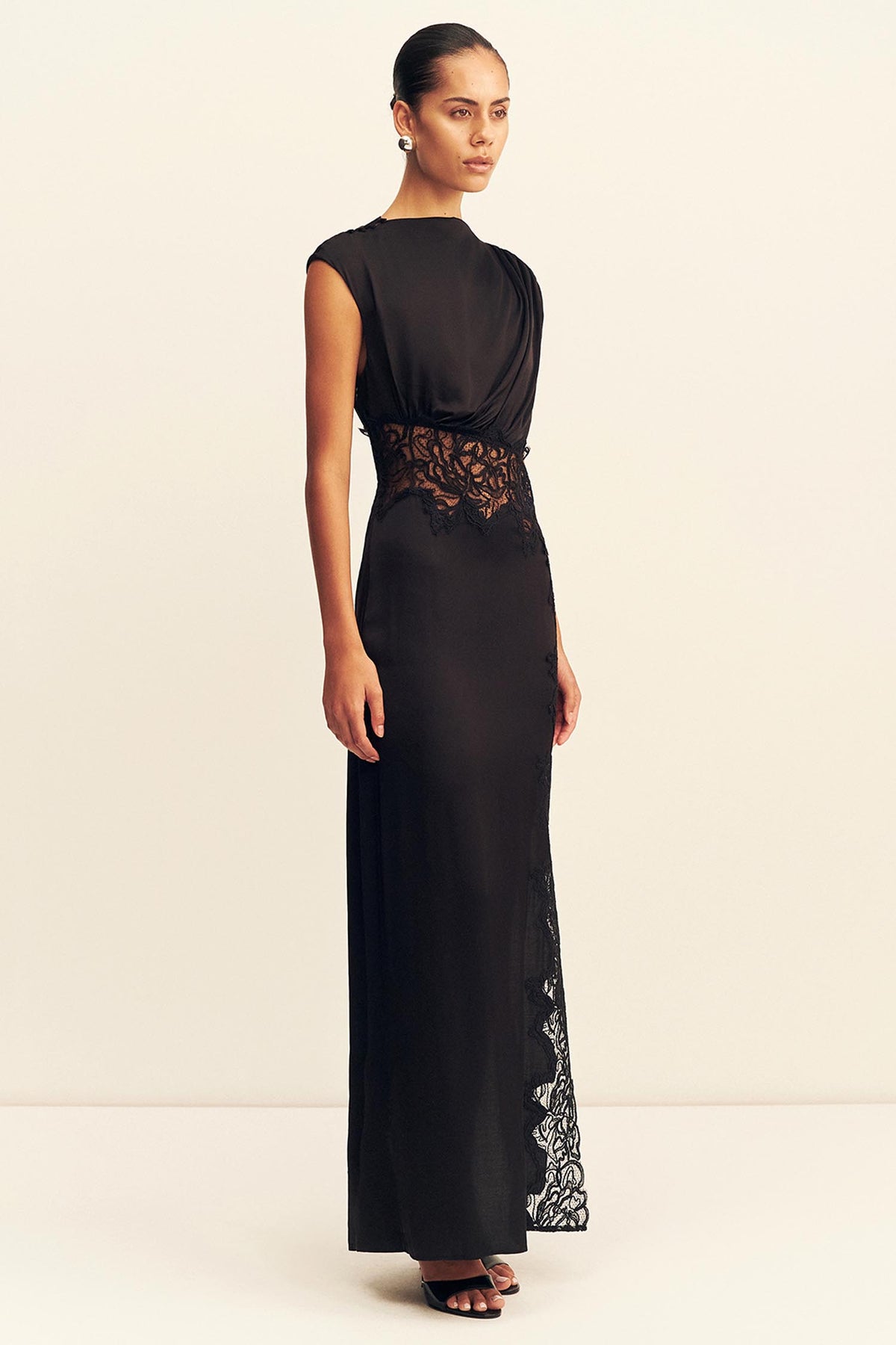 Eniko Lace Gathered Maxi Dress in Black