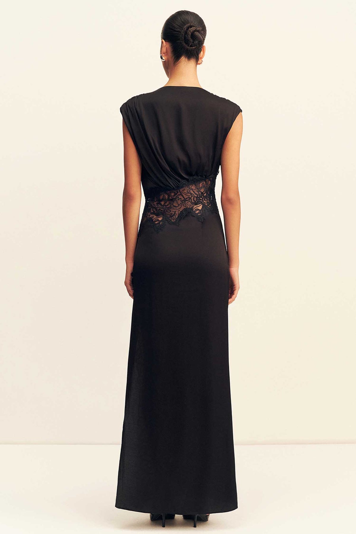 Eniko Lace Gathered Maxi Dress in Black