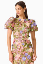 Fiora Puff Sleeve Midi Dress in Green Multi