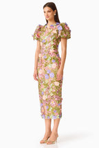 Fiora Puff Sleeve Midi Dress in Green Multi