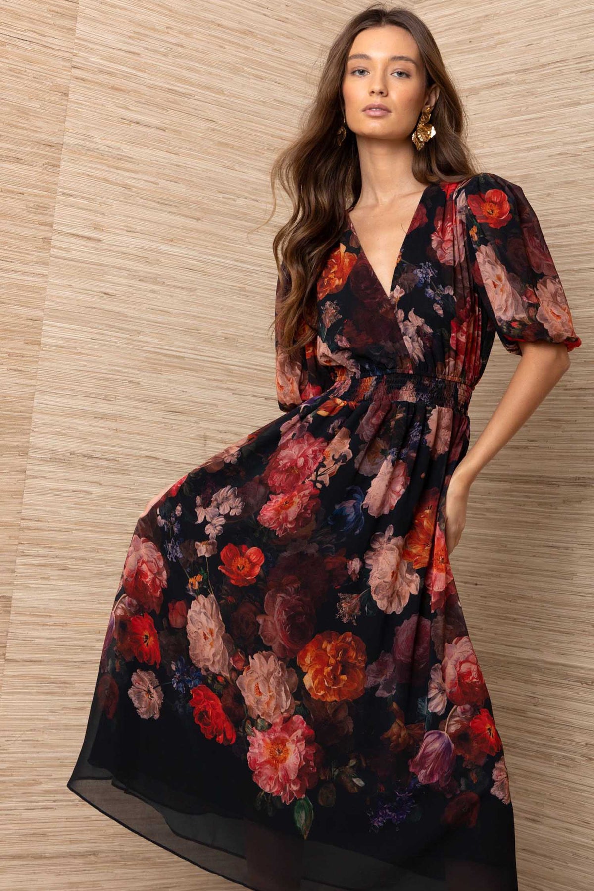 Fleur S/S Midi Dress in Black