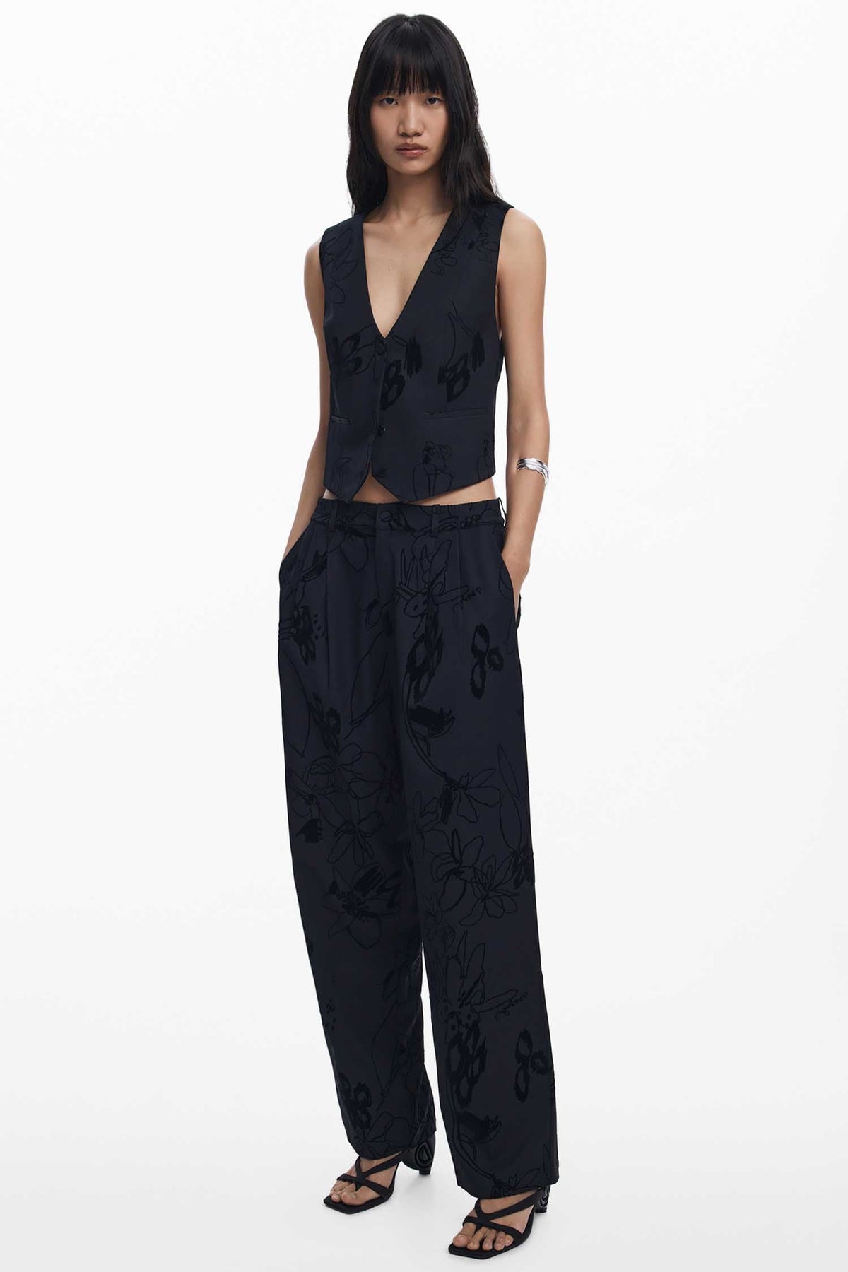 Flocked Floral Pants in Black