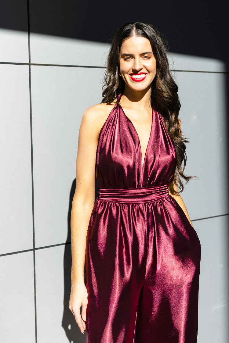 Halter Jumpsuit in Burgundy | Satin