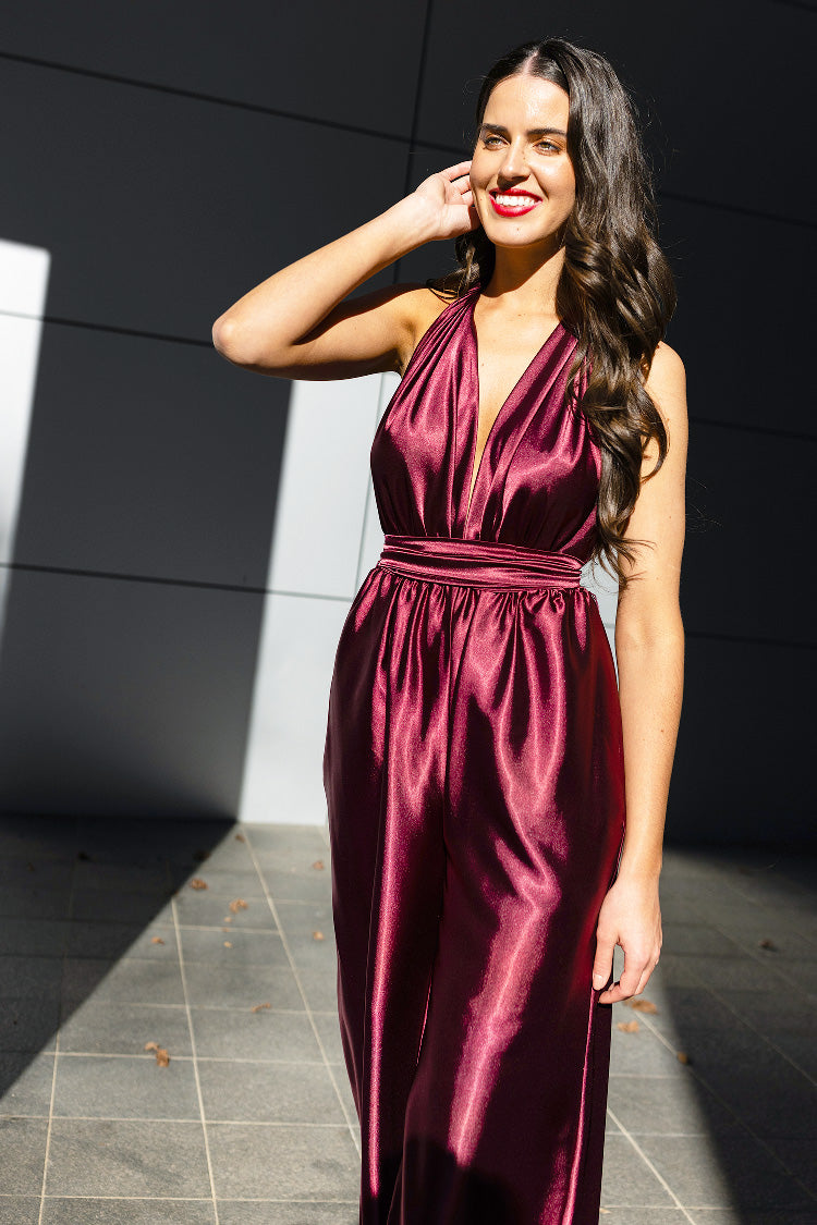 Halter Jumpsuit in Burgundy | Satin