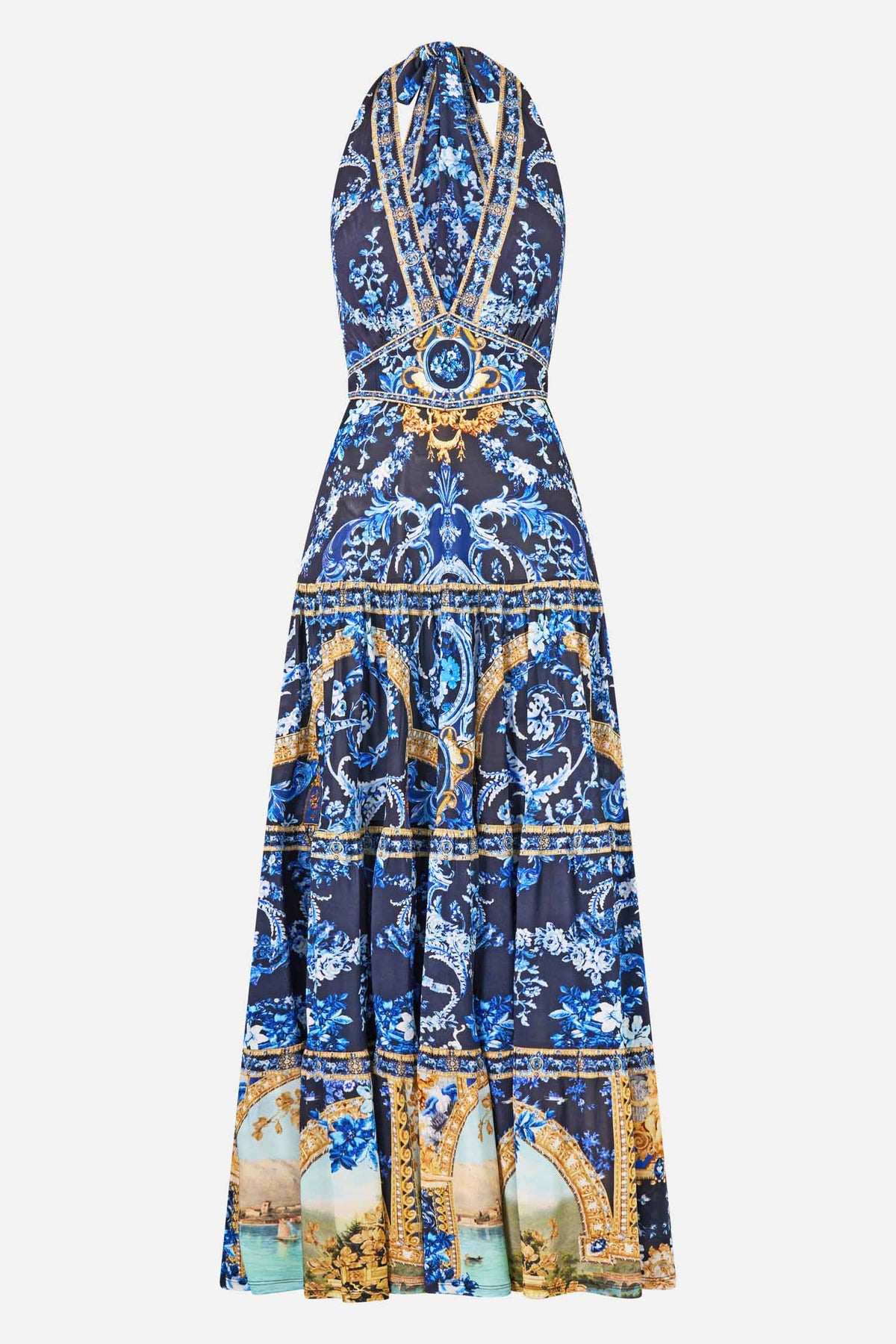 Halter Jersey Dress with Tiered Skirt in Sweet Sacre Bleu