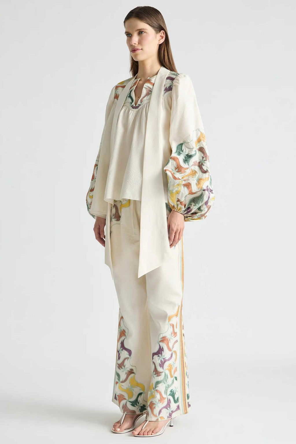 High Neck Tie Billow Blouse in Framed