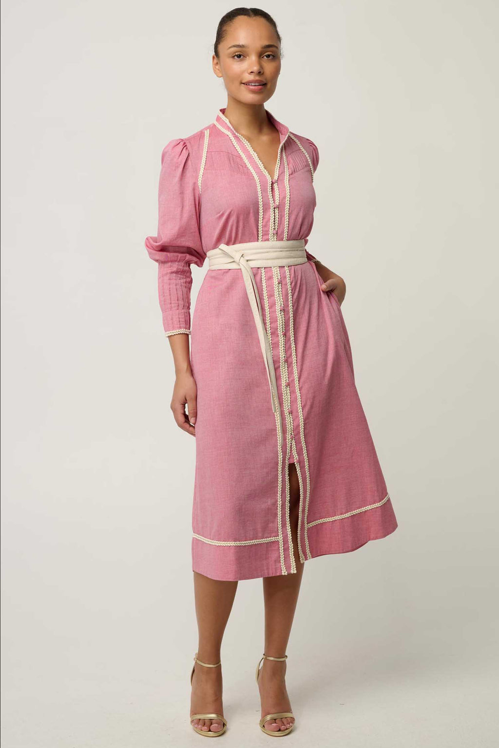 Isla Trim Detail Dress in Blush Chambray