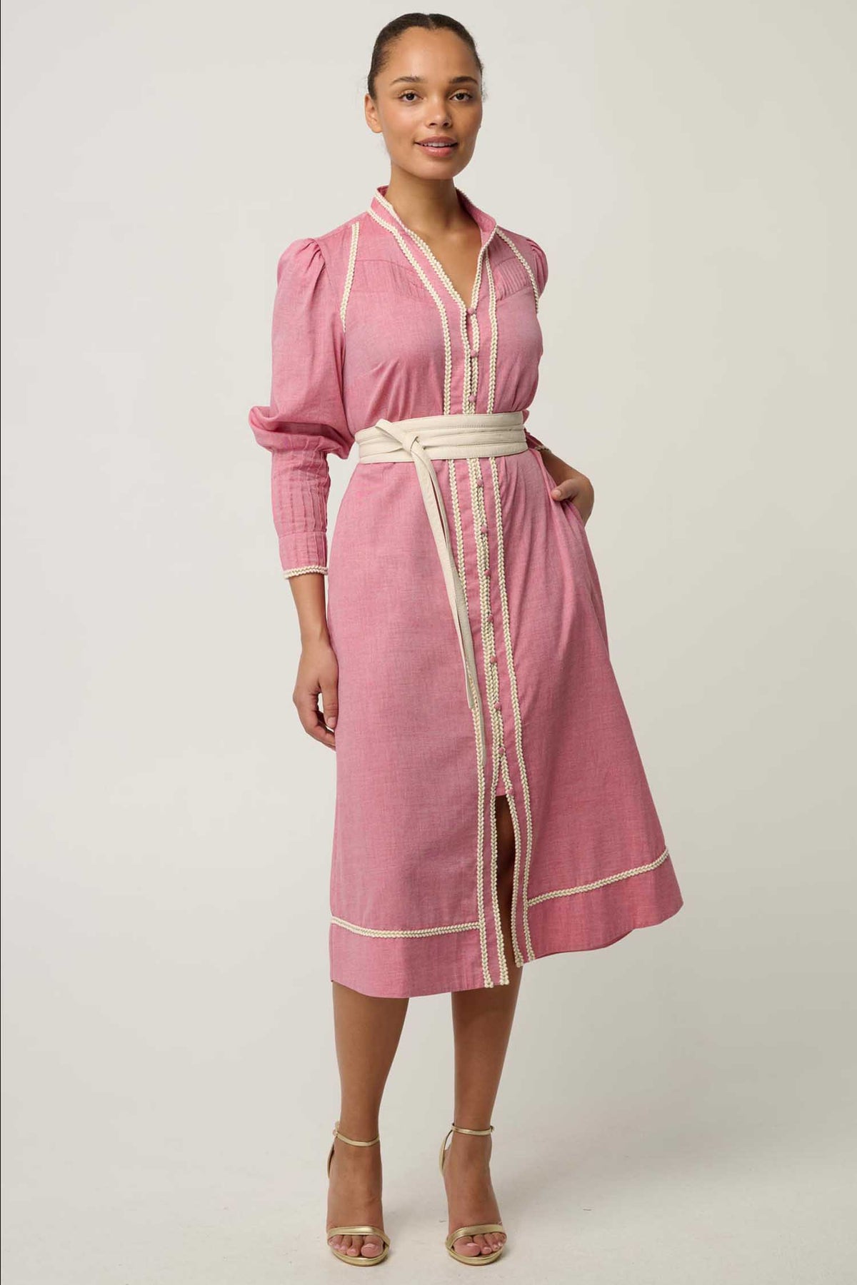 Isla Trim Detail Dress in Blush Chambray