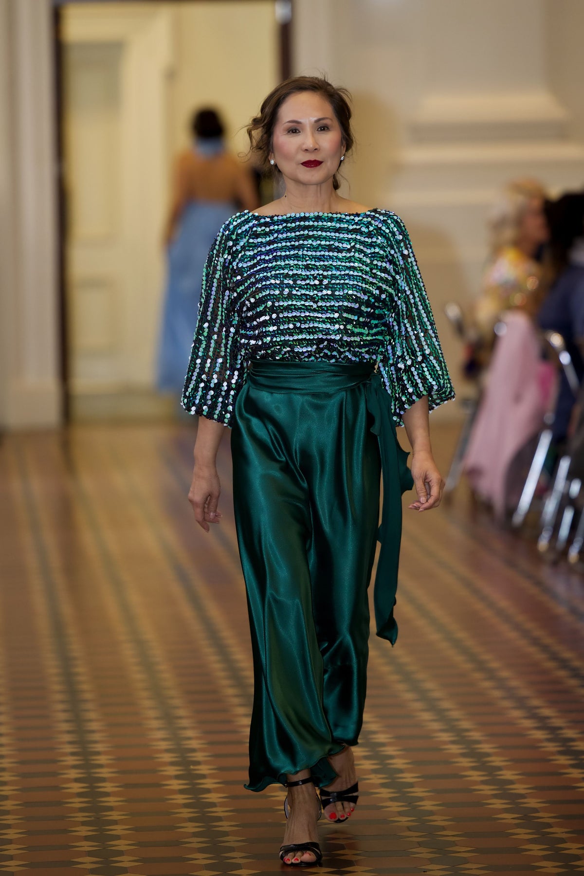 Rebekah Cocktail Dress in Green Peacock Sequin | Satin