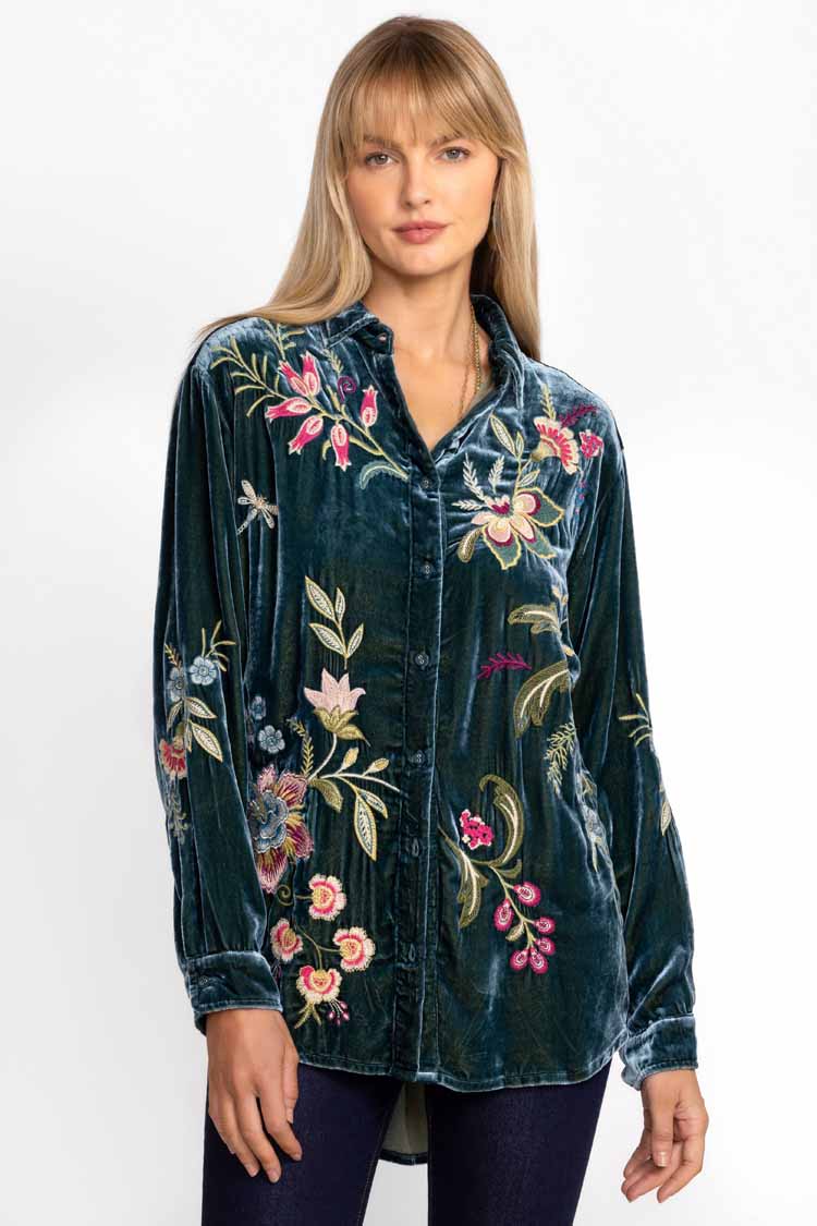 Julianna Velvet Oversized Shirt in Peacock