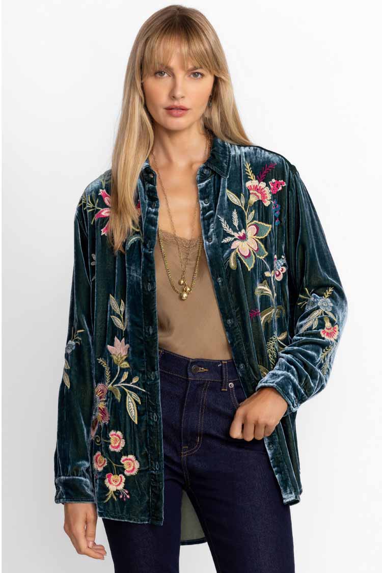 Julianna Velvet Oversized Shirt in Peacock