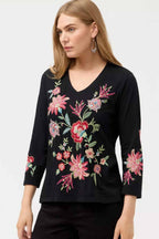 Junie 3/4 Sleeve Trapunto V-Neck Tee in Black