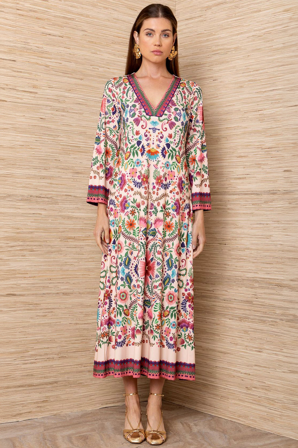 Kirby V Neck Caftan Dress in Pink