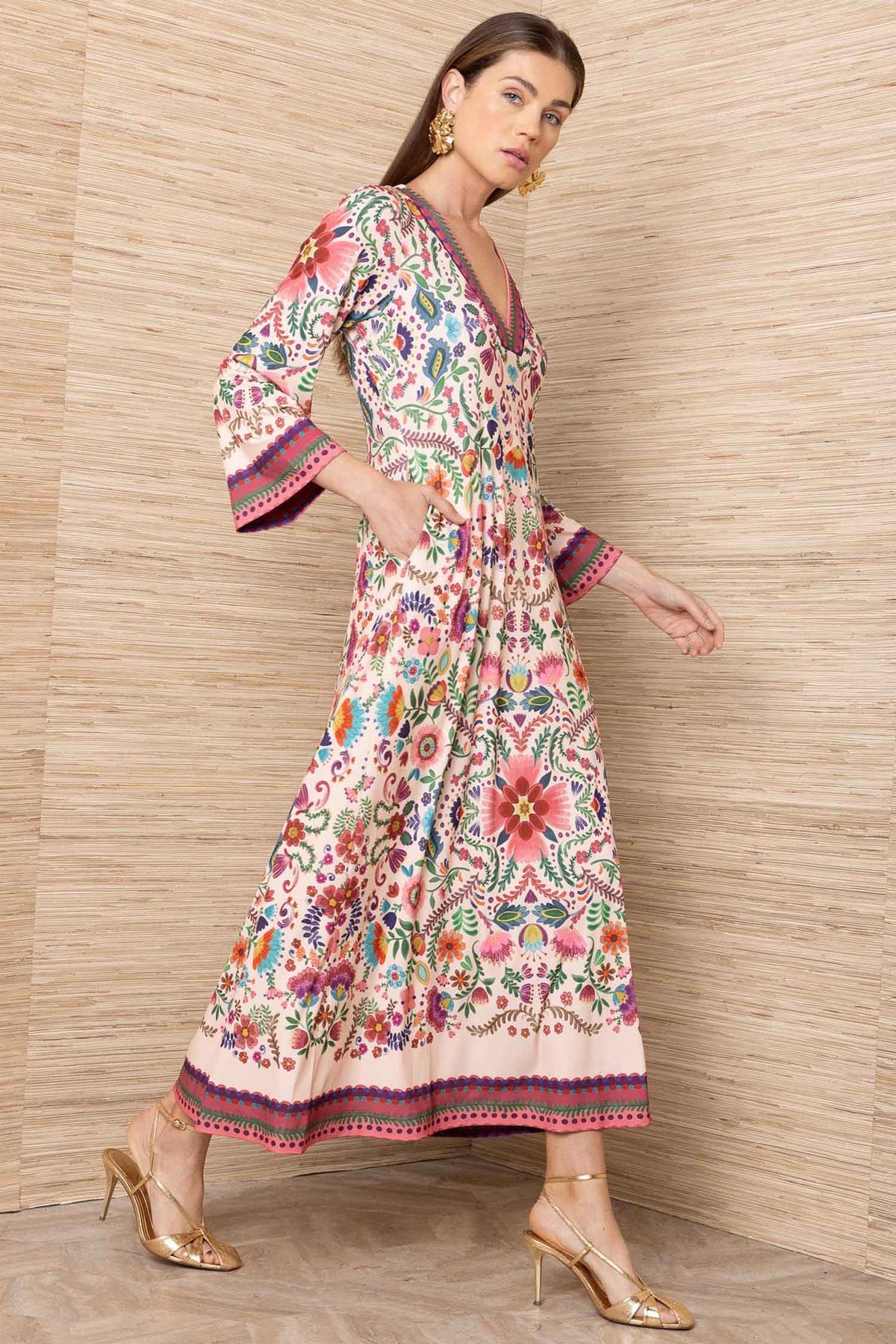 Kirby V Neck Caftan Dress in Pink