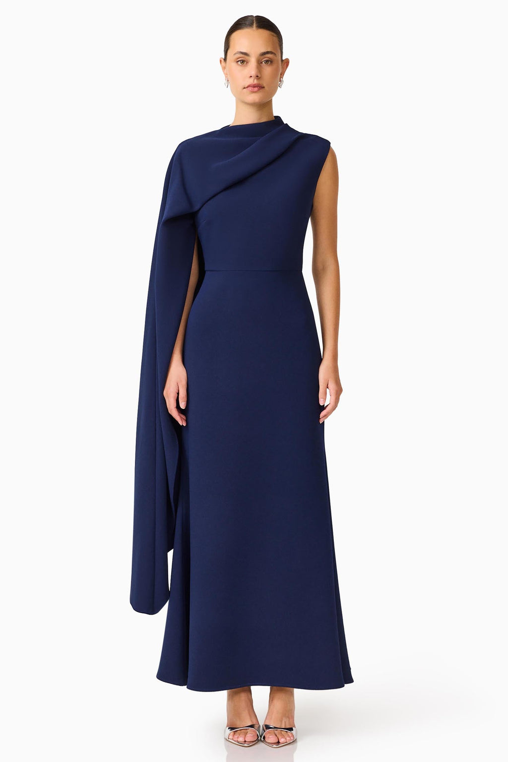 Leonara Asymmetric Cape Dress in Deep Navy