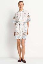 Linen Mix Embroidery Mini Dress in Pearl White